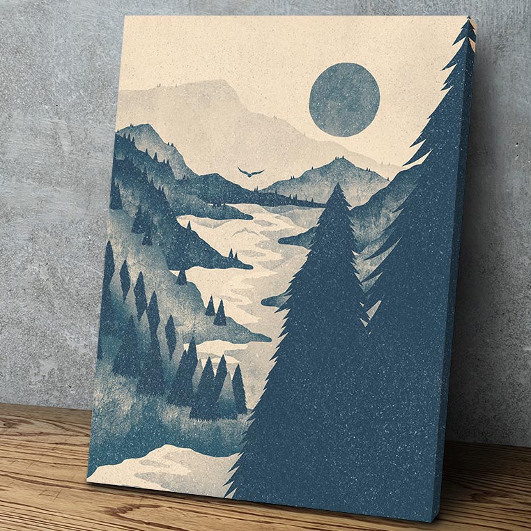 Forest Mountain Landscape Black and White Linocut Artwork Framed